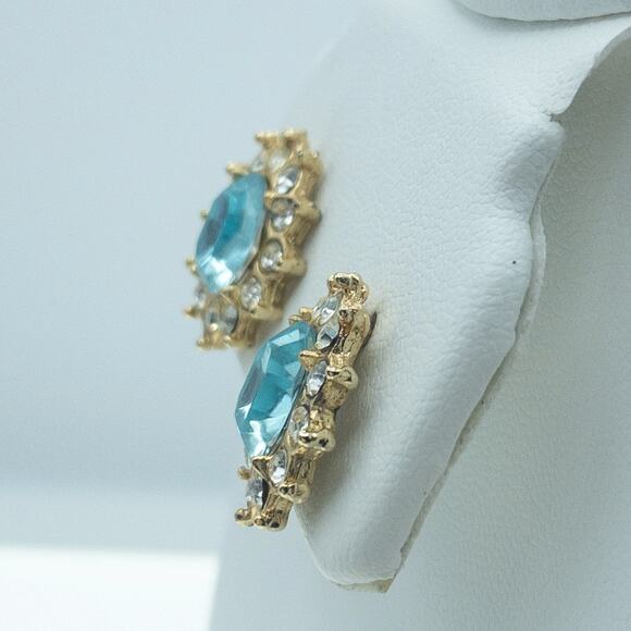 Vintage Aqua Blue Rhinestone Sunburst Stud Earrings - Picture 2 of 11